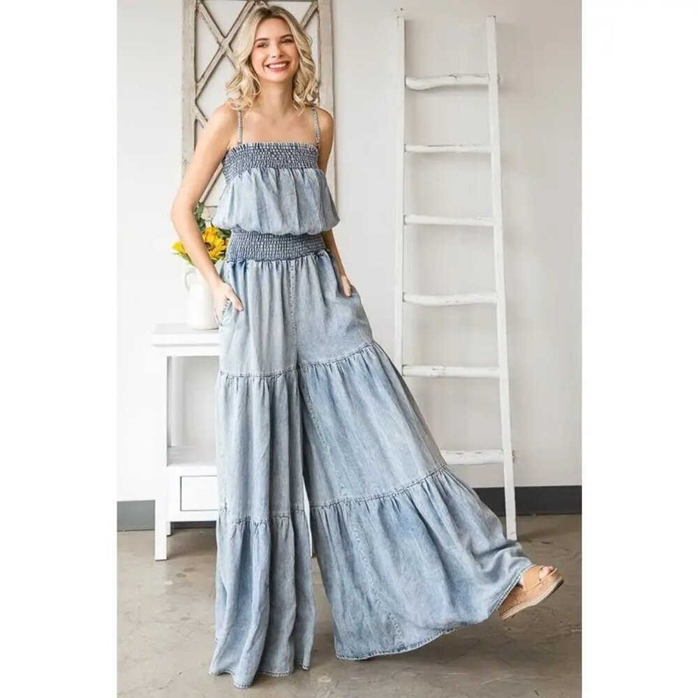 The Oli & Hali Washed Smocked Ruffled Wide Leg Jumpsuit Size XL